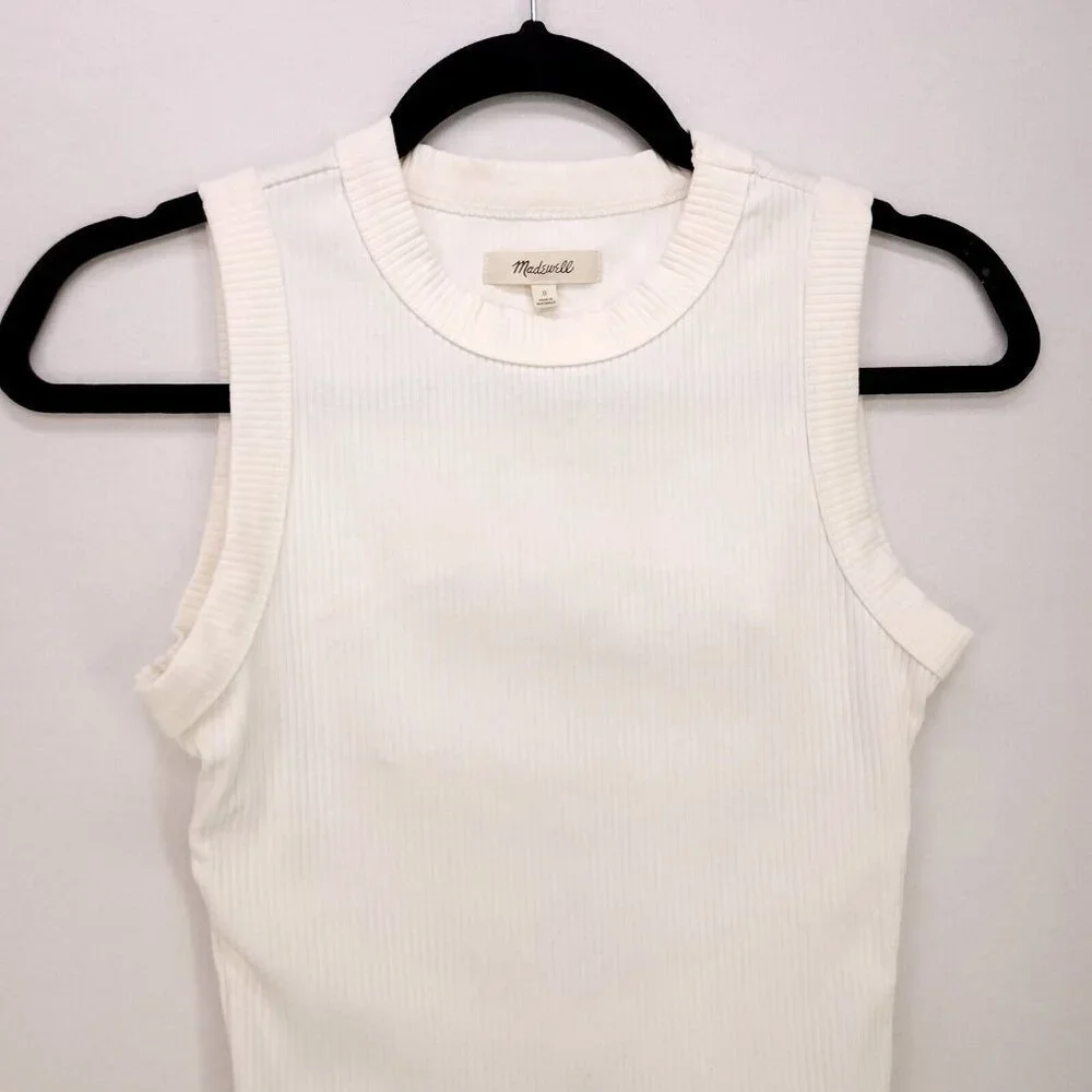Madewell Tank Bodysuit Cutout Back Thong Ribbed Ivory Small Double Snap Closure - Picture 3 of 14